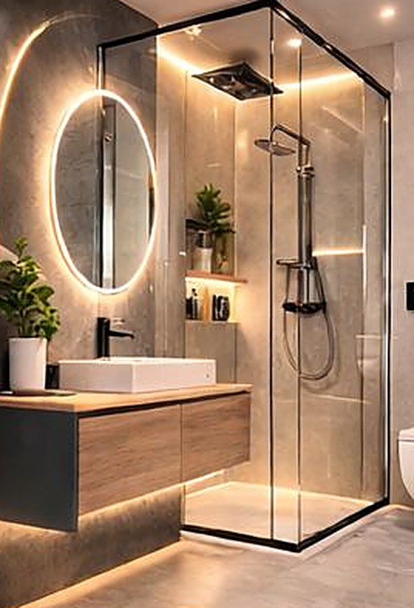 Baño moderno reformado por EXACTA con ducha de obra y mueble suspendido
